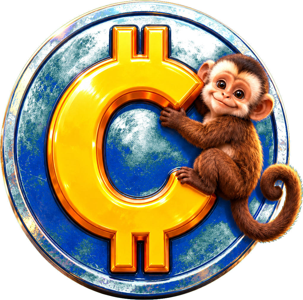 Money Business, a round blue coin with a glossy yellow currency symbol and orange beveled edges, hugged by one small brown capuchin.