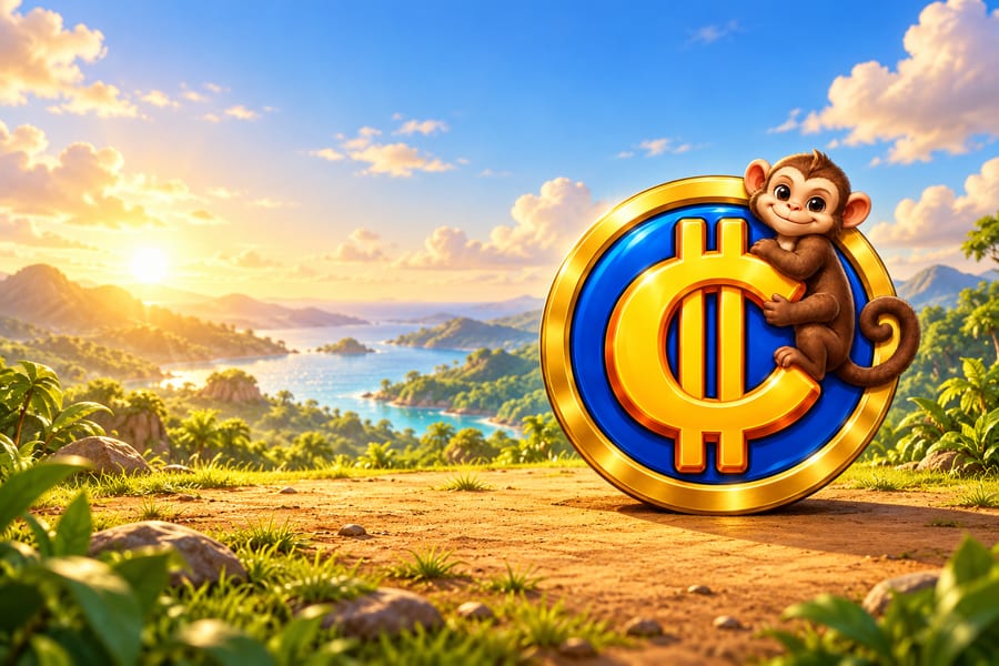 A smiling brown capuchin with a cream face and curled tail hugs the right side of Money Business's yellow currency symbol with both arms.